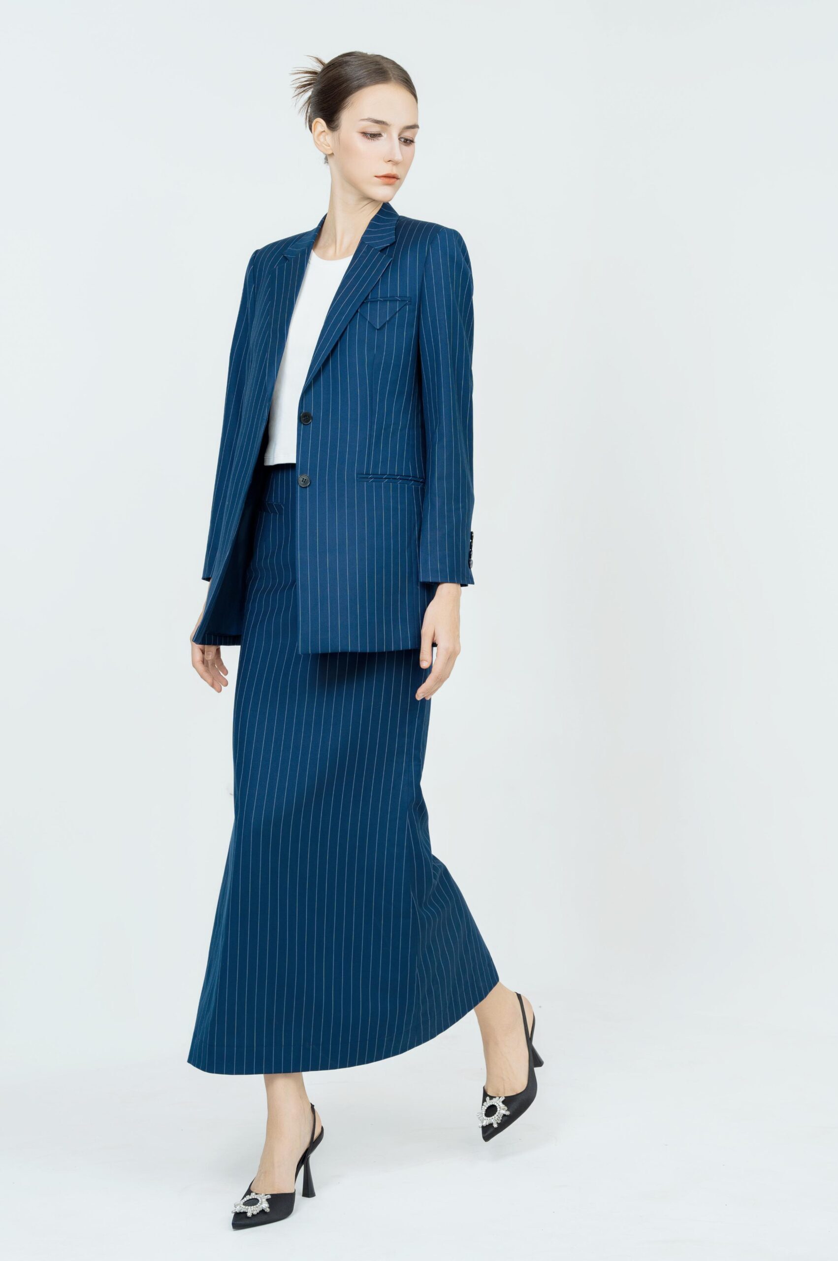 Naomi Pinstripe Midi Skirt | Navy