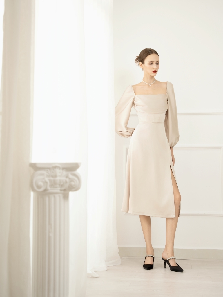 Corset Tie-Back Midi Dress | Champagne