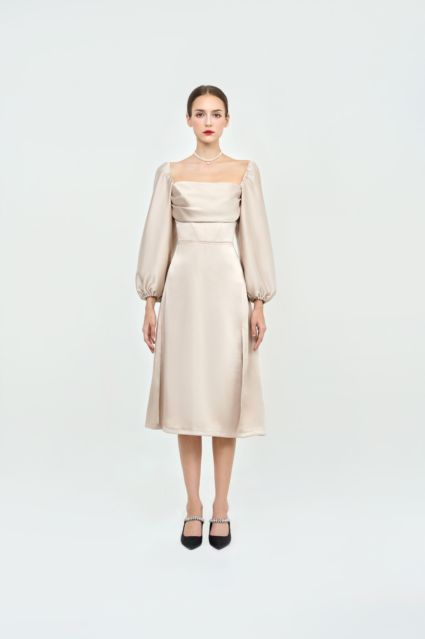 Corset Tie-Back Midi Dress | Champagne