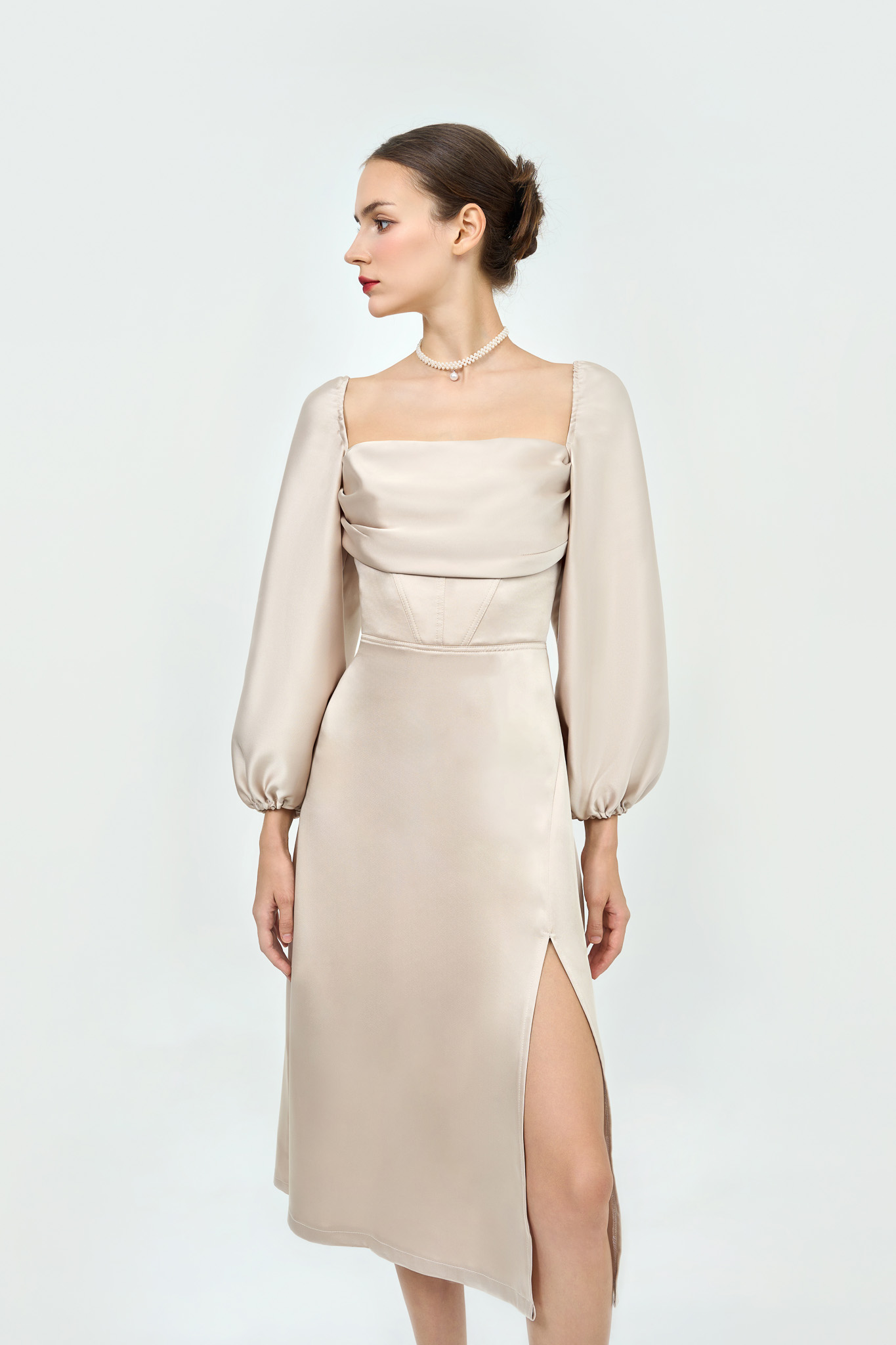 Corset Tie-Back Midi Dress | Champagne