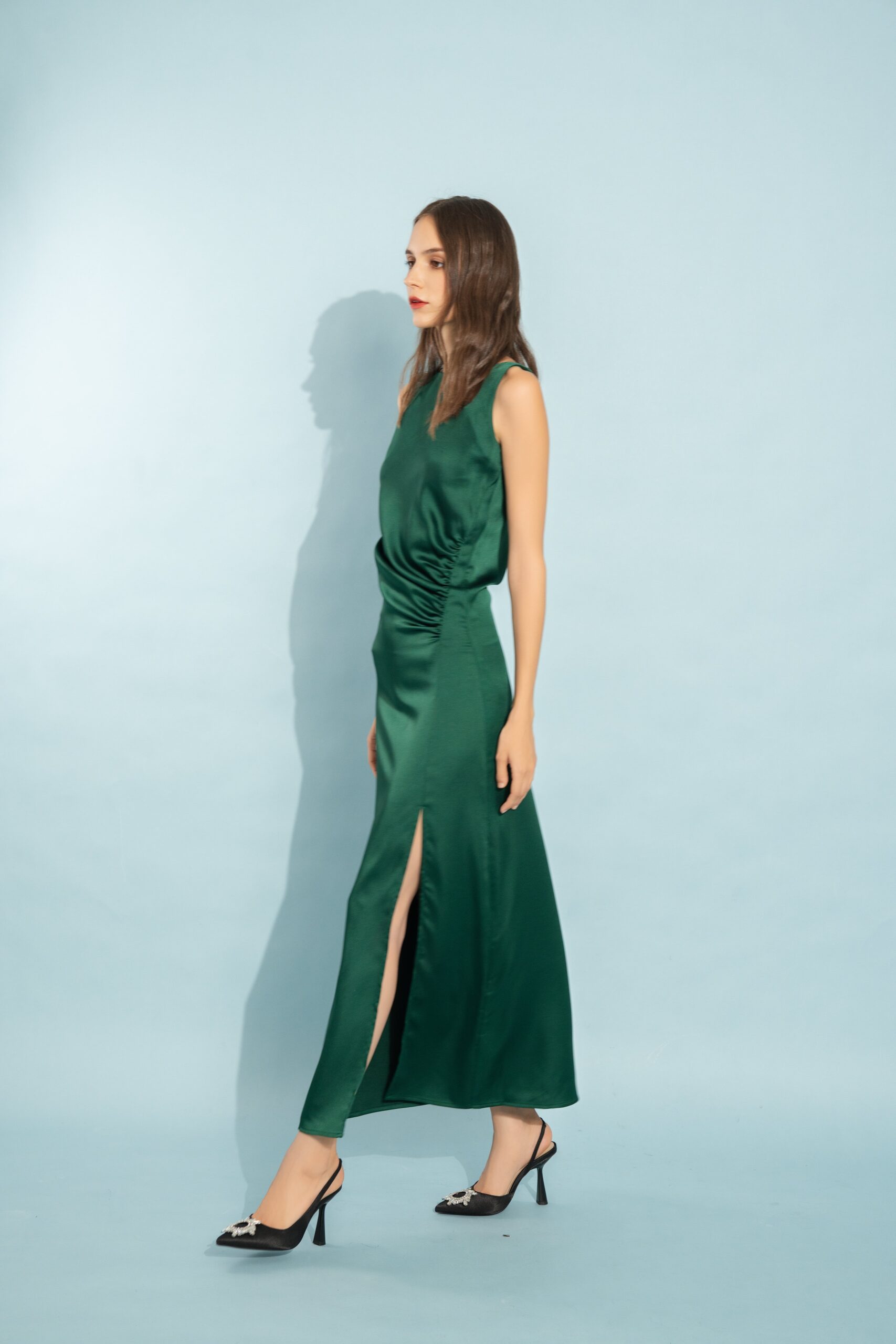 Ruched Side Slit Dress (Dark Green)
